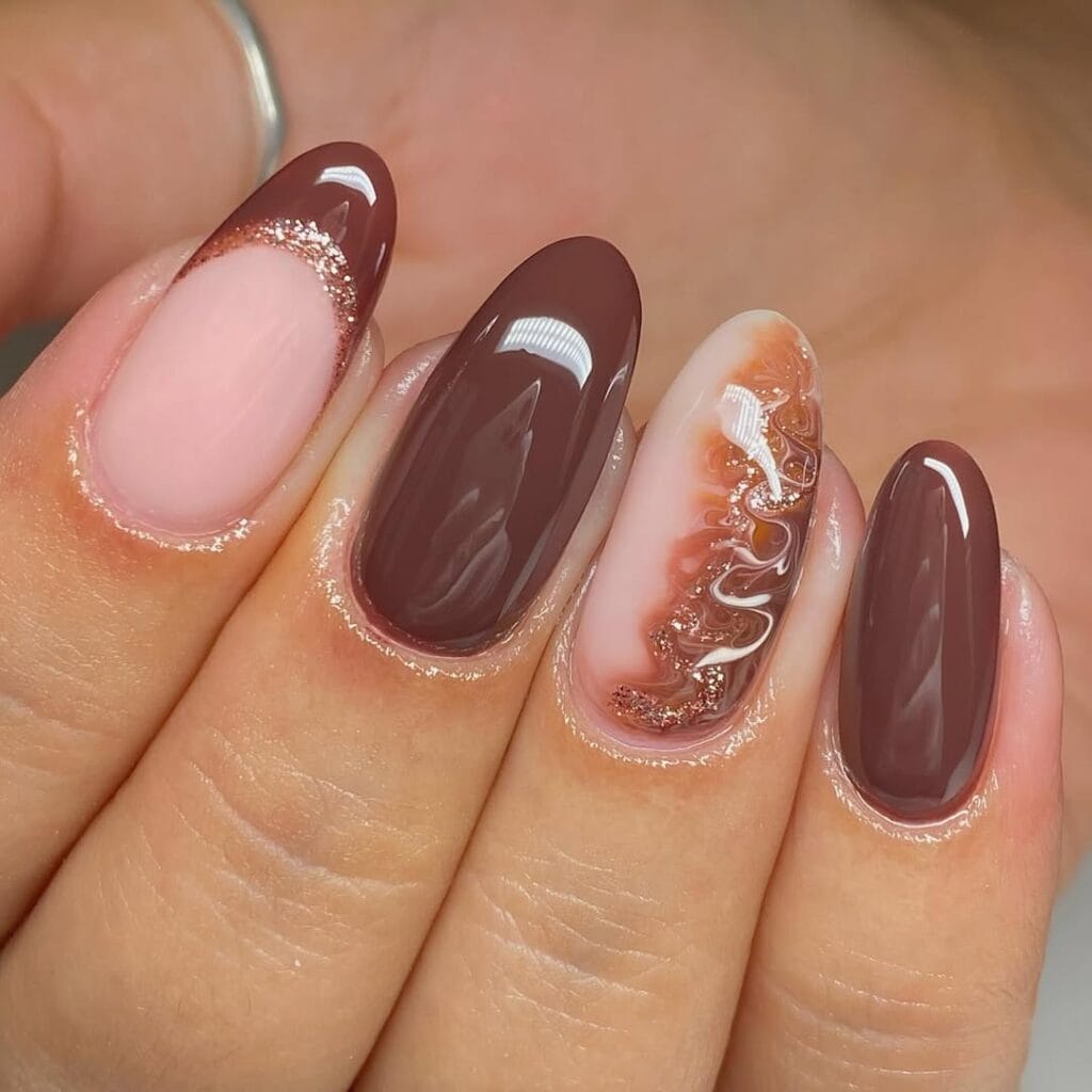 Glossy Deep Brown Marble Glitter French Tip Medium Almond Nails — Brown Nails