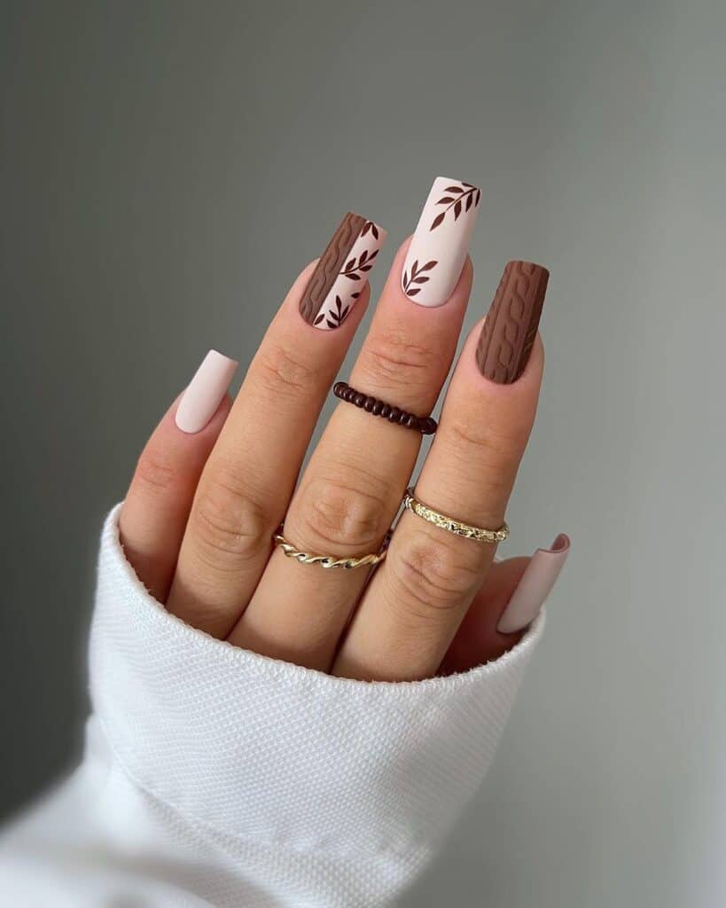 Matte and Glossy Long Coffin Cable Knit Leaf Motif Nails — Brown Nails
