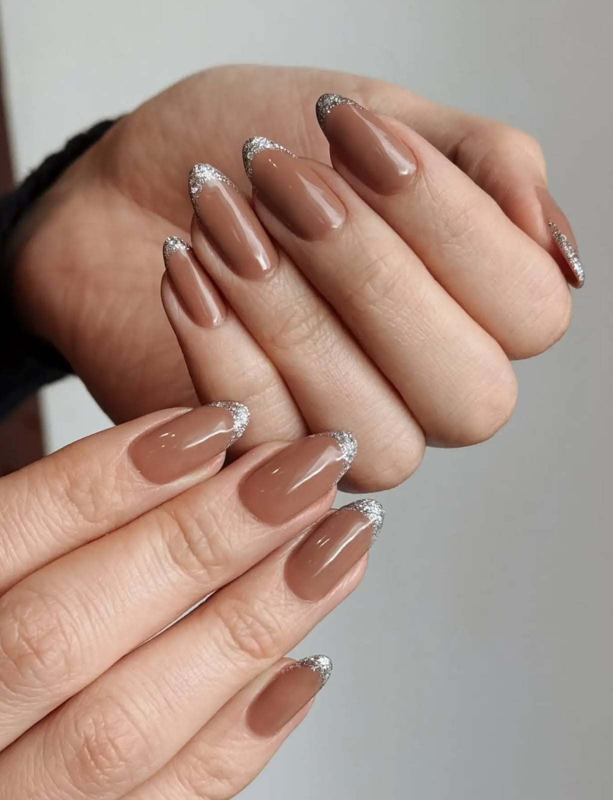 Glossy Long Stiletto Plaid and French Tip Nails — Brown Nails
