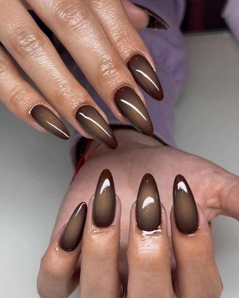Glossy Long Almond Brown Ombre Nails — Brown Nails