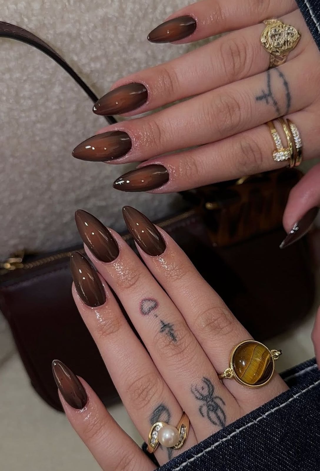 Glossy Long Almond Caramel to Dark Brown Gradient Nails — Brown Nails