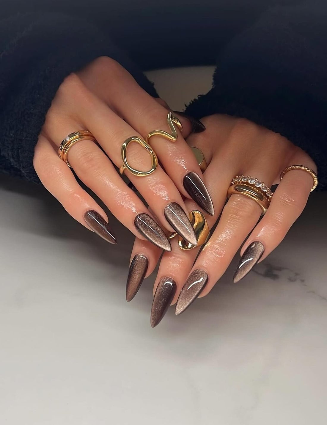 Glossy Long Stiletto Brown Cat-Eye Nails — Brown Nails
