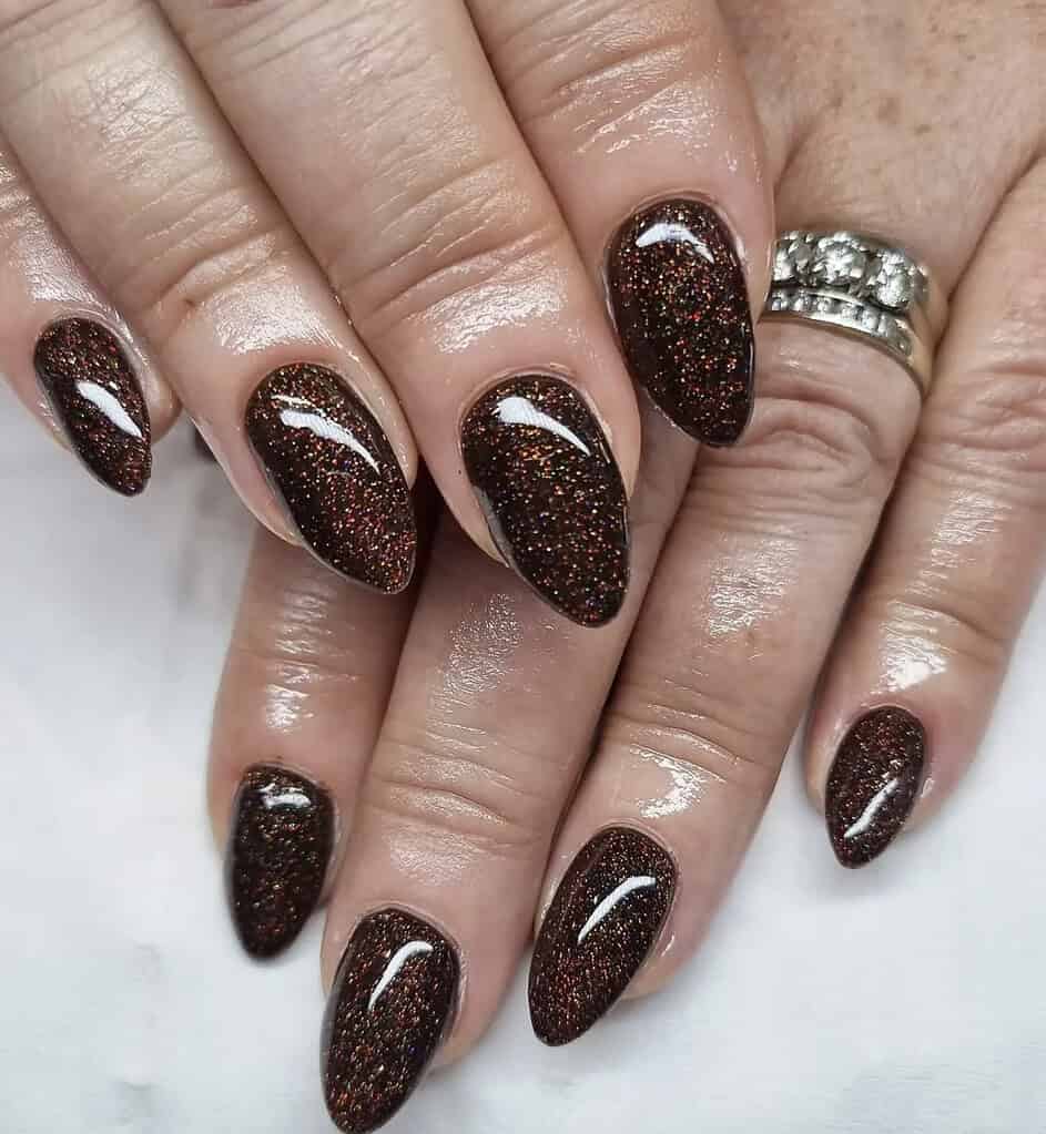 Glossy Short Almond Deep Brown Glitter Nails — Brown Nails