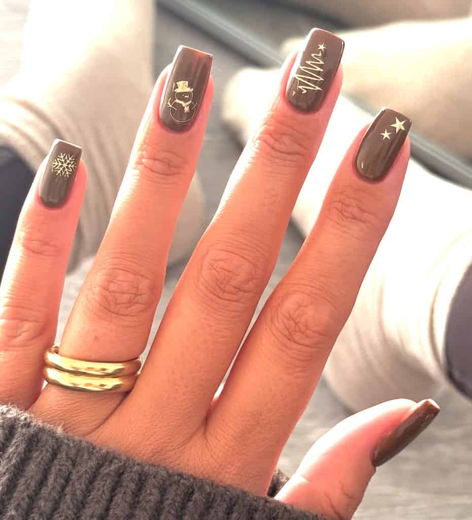 Glossy Medium Brown Gold Foil Holiday Nails — Brown Nails