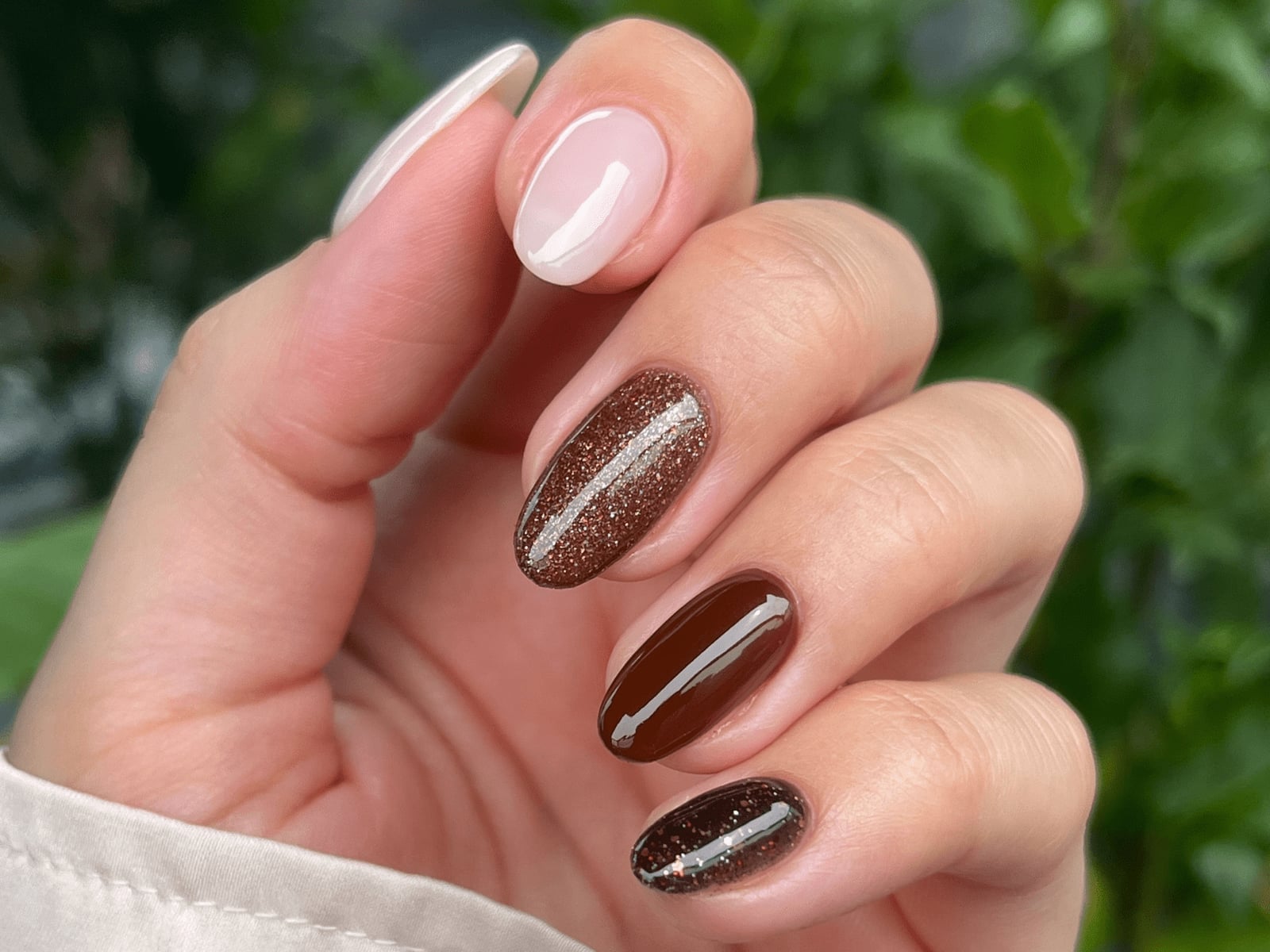 Glossy and Glitter Dark Brown Light Pink Nails — Brown Nails