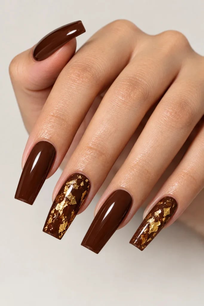 Glossy Rich Brown Long Square Nails — Brown Nails