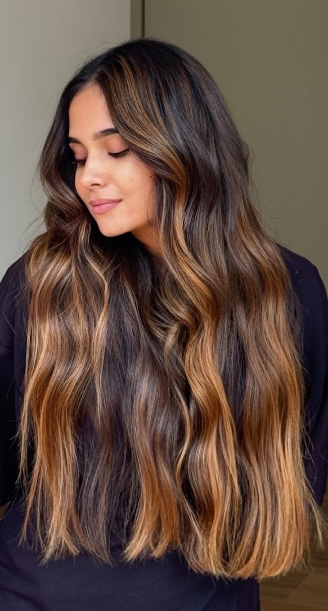 Mid-Back Waves With Warm Balayage Highlights Mid-Back Waves With Warm Balayage Highlights — Brunette Balayage