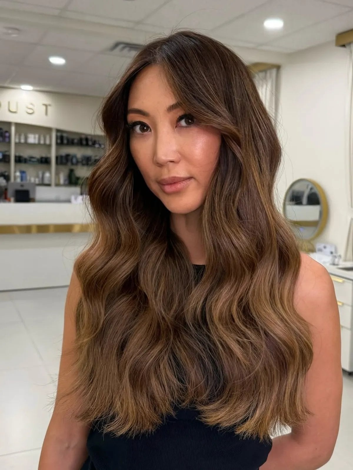 Medium Brown Balayage With Curtain Bangs Medium Brown Balayage With Curtain Bangs — Brunette Hair Colors