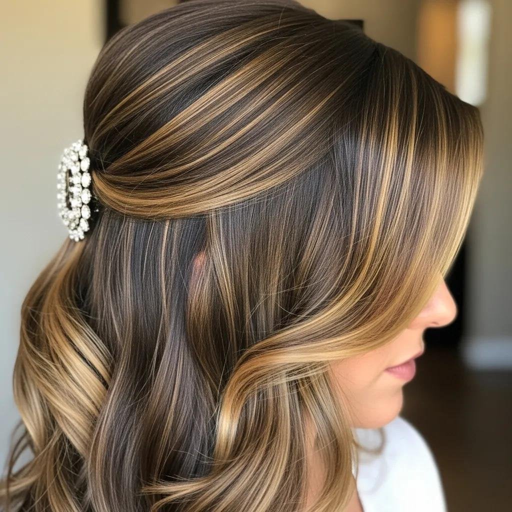 Brunette With Caramel Highlights Half-Up Style Brunette With Caramel Highlights Half-Up Style — Brunette Hair Trends
