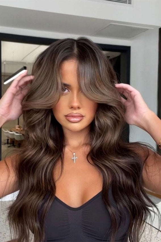 Long Wavy Dark Brown Balayage Curtain Bangs Long Wavy Dark Brown Balayage Curtain Bangs — Brunette Hair Trends