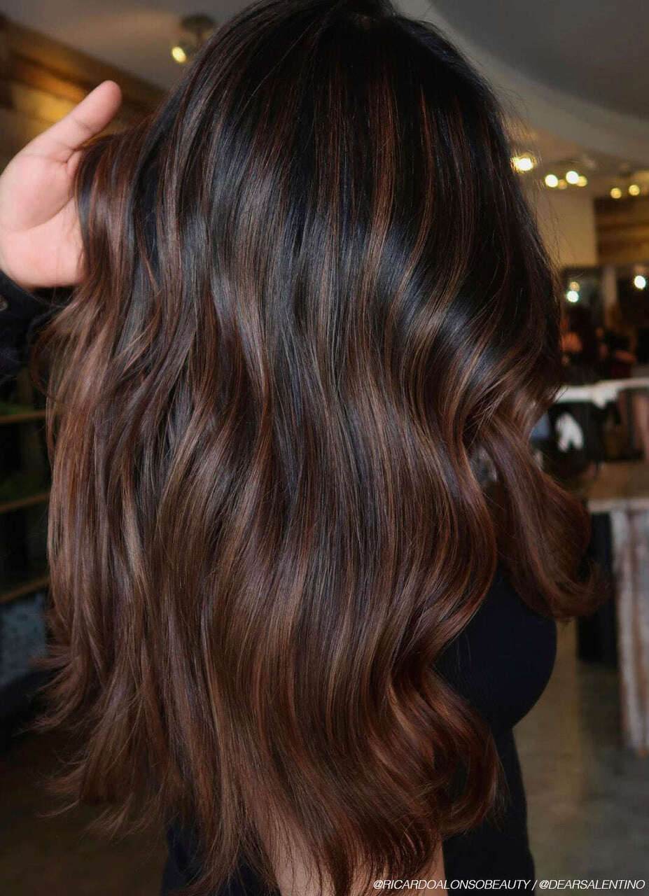 Dark Brown Caramel Highlights Mid-Back Waves Dark Brown Caramel Highlights Mid-Back Waves — Brunette Hair Trends