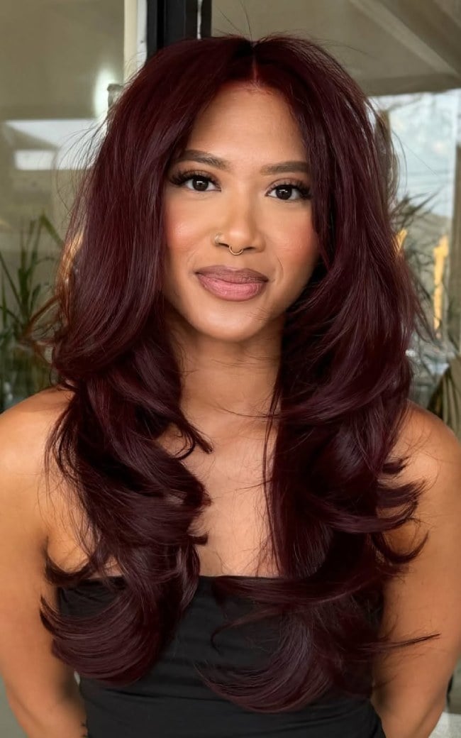 Mid-Back Deep Burgundy With Long Layers Mid-Back Deep Burgundy With Long Layers — Burgundy Hair