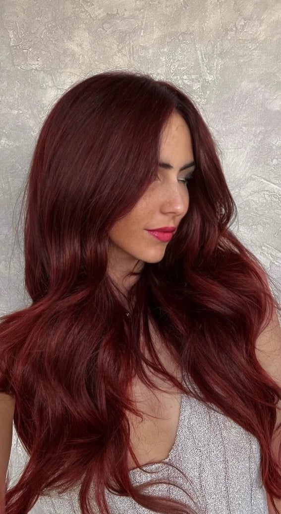 Shoulder Length Waves With Subtle Layers Shoulder Length Waves With Subtle Layers — Burgundy Hair
