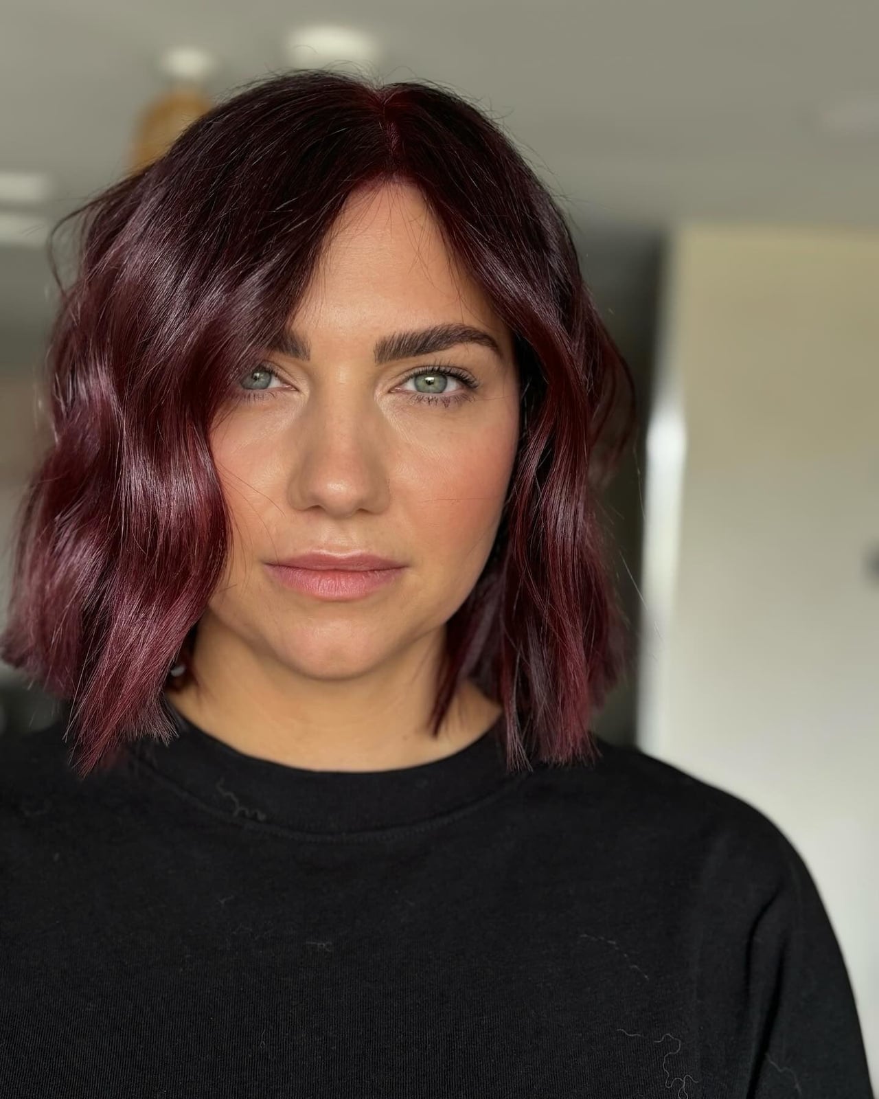Glossy Burgundy Lob With Soft Waves Glossy Burgundy Lob With Soft Waves — Burgundy Hair