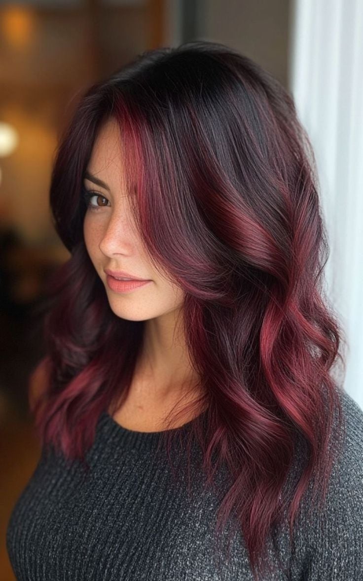 Collarbone Length Waves With Burgundy Highlights Collarbone Length Waves With Burgundy Highlights — Burgundy Hair