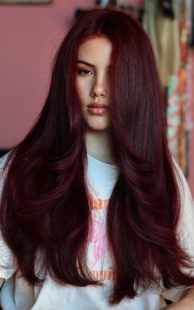 Voluminous Mid-Back Layers With Burgundy Voluminous Mid-Back Layers With Burgundy — Burgundy Hair