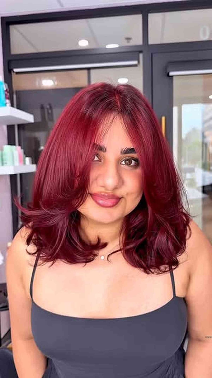 Collarbone Waves With Burgundy Curtain Bangs Collarbone Waves With Burgundy Curtain Bangs — Burgundy Hair