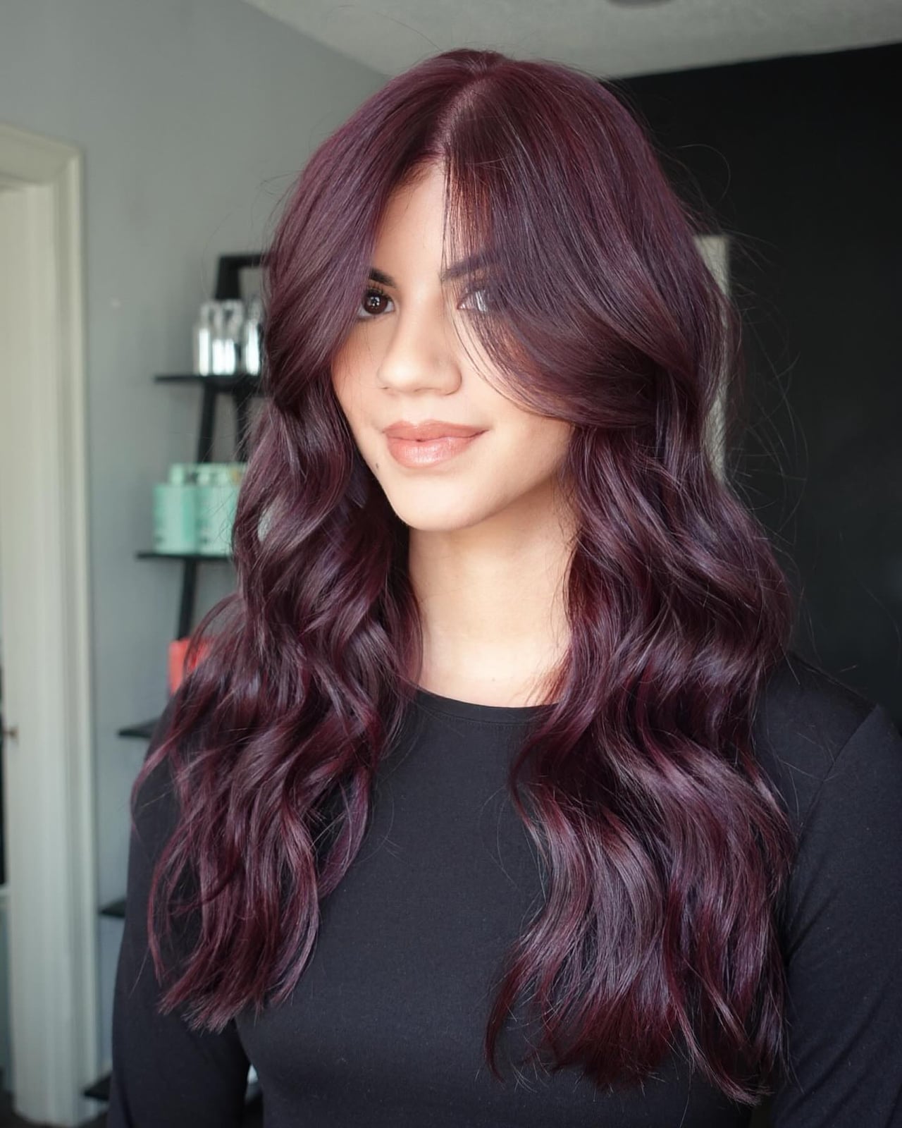 Mid-Back Layers With Burgundy Curtain Bangs Mid-Back Layers With Burgundy Curtain Bangs — Burgundy Hair