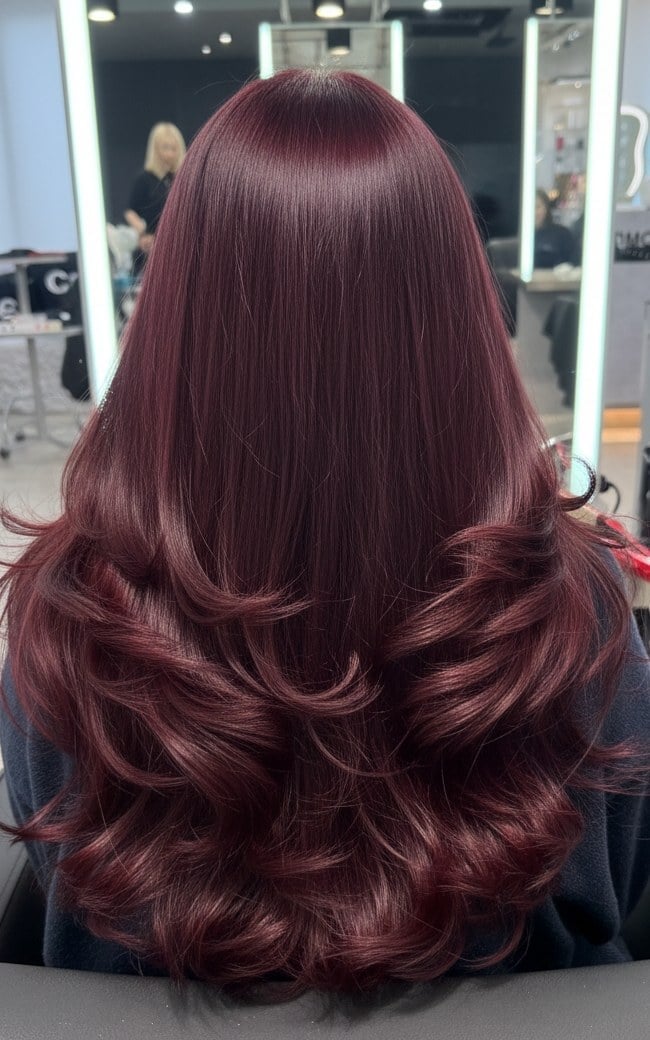 Mid-Back Straight Blowout In Velvet Burgundy Mid-Back Straight Blowout In Velvet Burgundy — Burgundy Hair