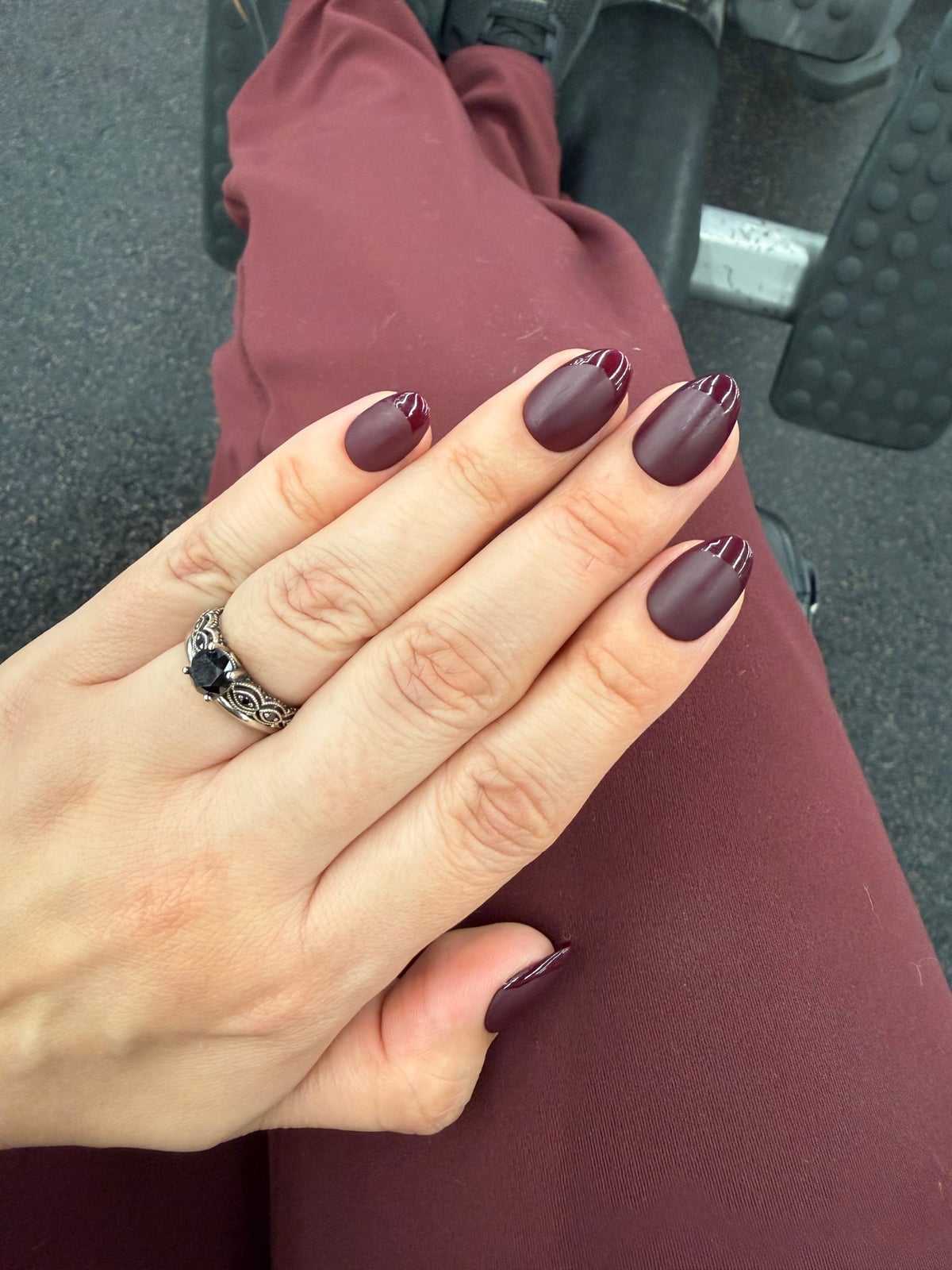 Matte Burgundy Glossy French Oval Nails — Burgundy Nails