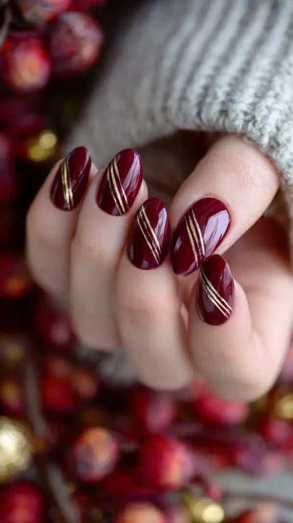 Medium Oval Burgundy Gold Line Nails — Burgundy Nails