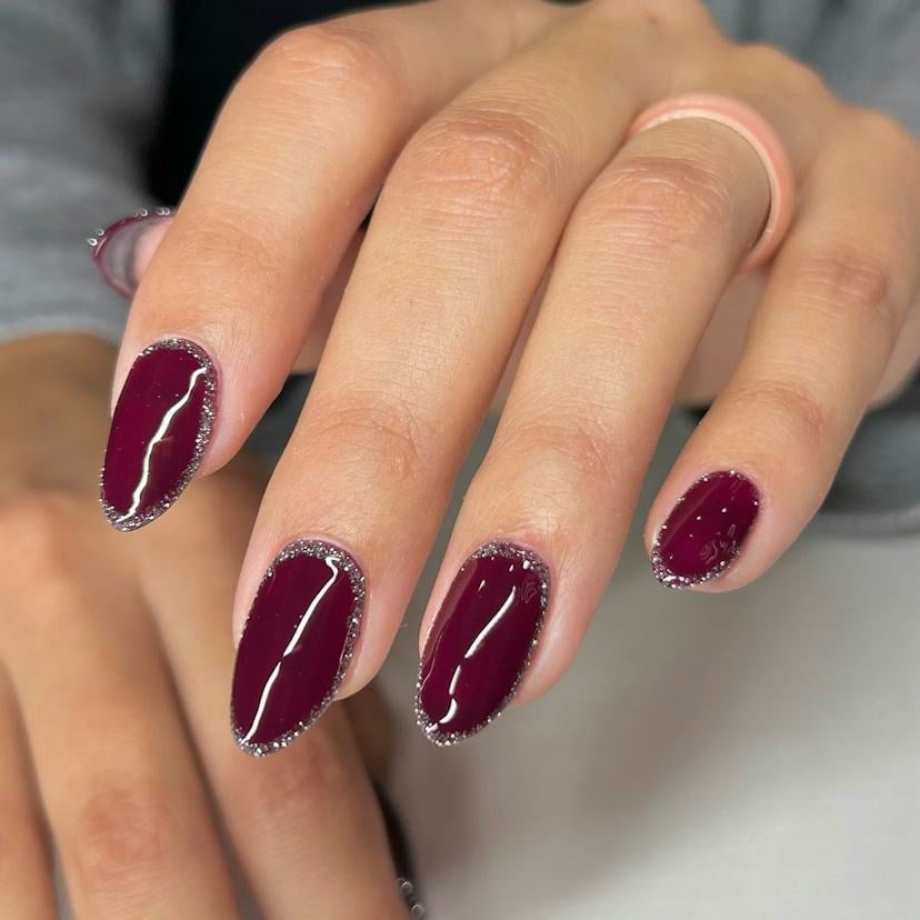 Medium Almond Burgundy Glitter Outline Nails — Burgundy Nails