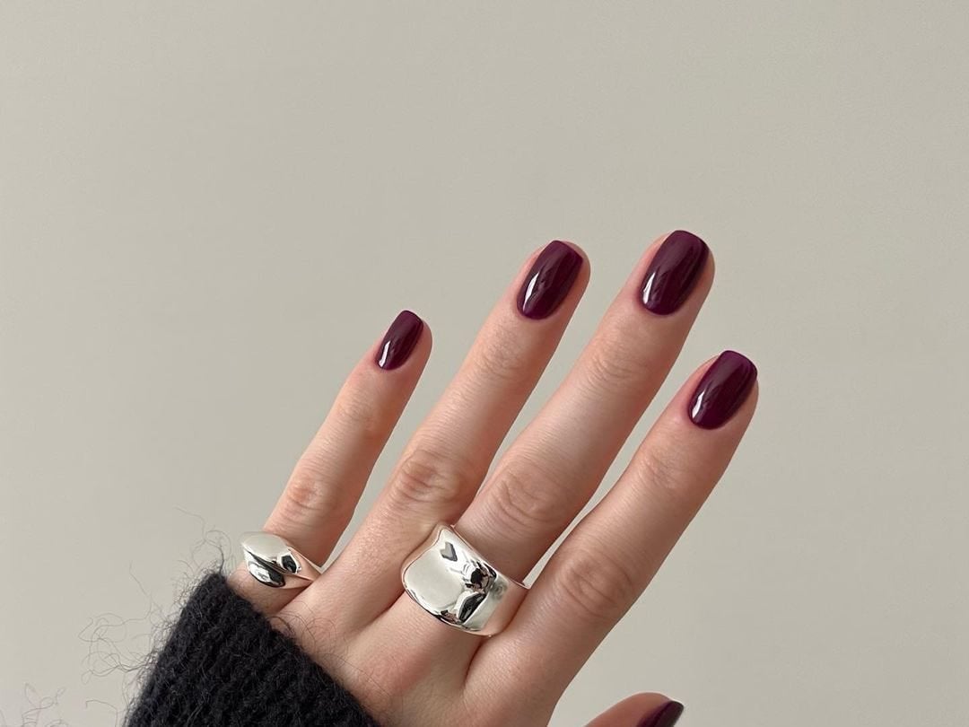 Deep Burgundy Glossy Short Almond Nails — Burgundy Nails