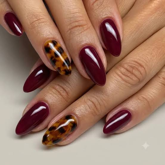 Medium Almond Burgundy Leopard Print Nails — Burgundy Nails