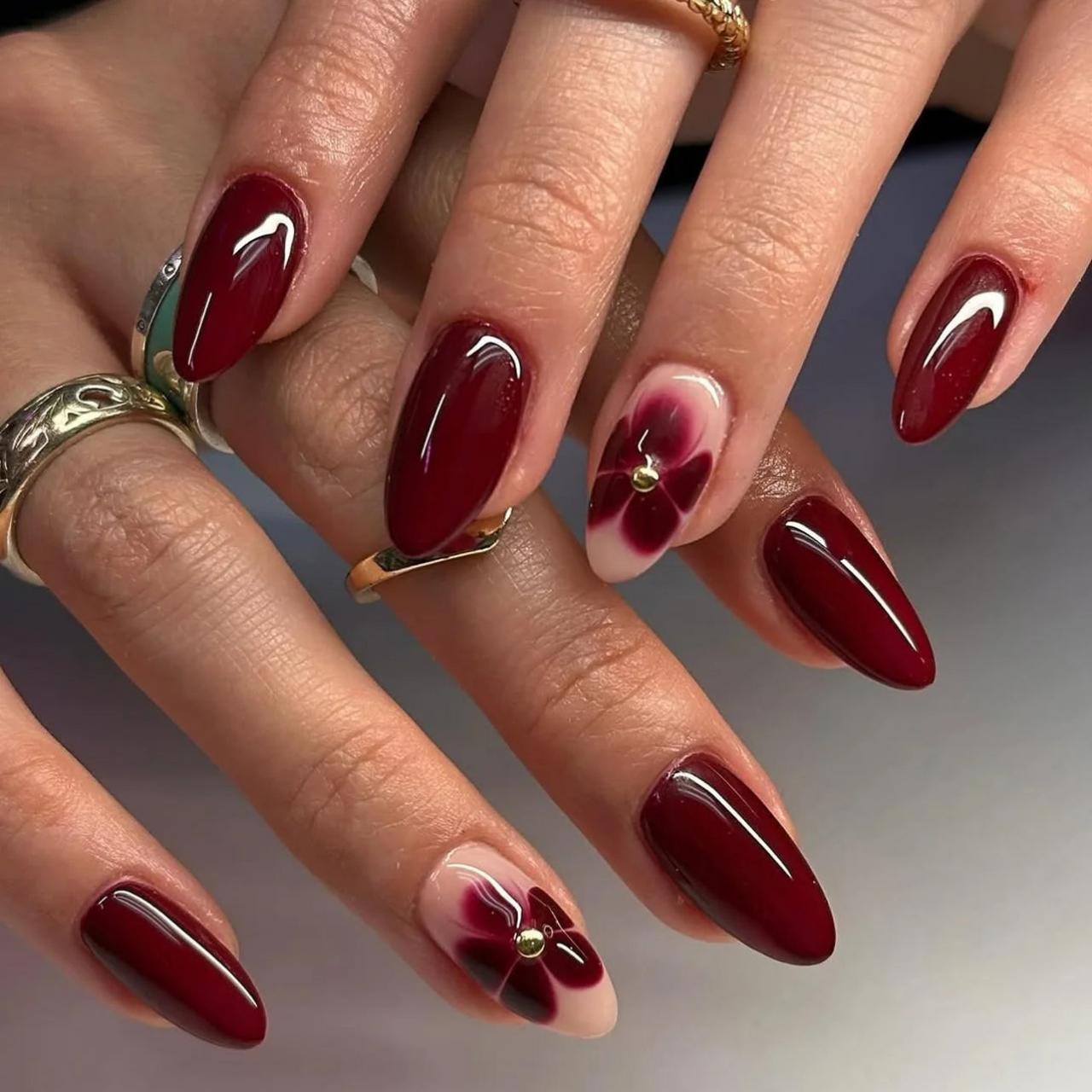 Medium Almond Burgundy Floral Bead Nails — Burgundy Nails