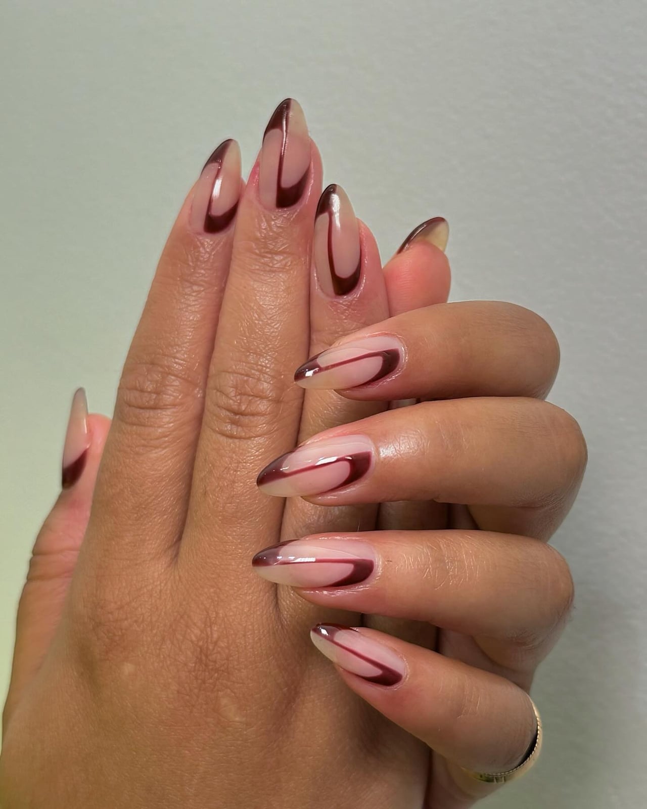 Long Almond Burgundy Negative Space Curves — Burgundy Nails