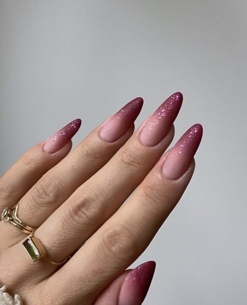 Long Stiletto Burgundy Glitter Ombre Tips — Burgundy Nails