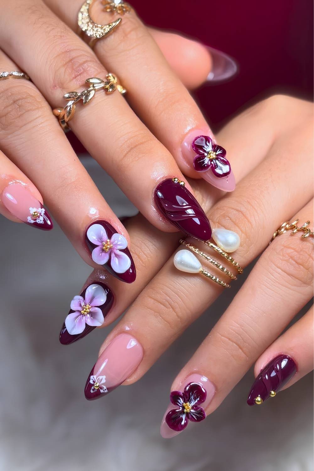 Long Stiletto Burgundy 3D Floral Nails — Burgundy Nails