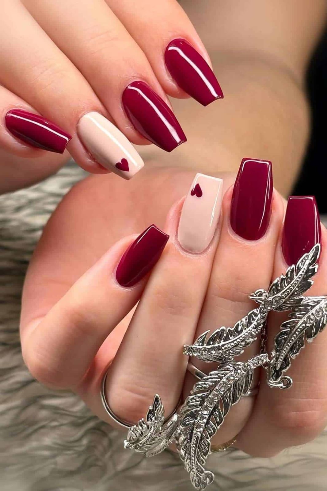 Long Coffin Burgundy Heart Accent Nails — Burgundy Nails