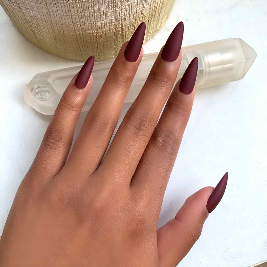 Long Stiletto Muted Burgundy Matte Nails — Burgundy Nails