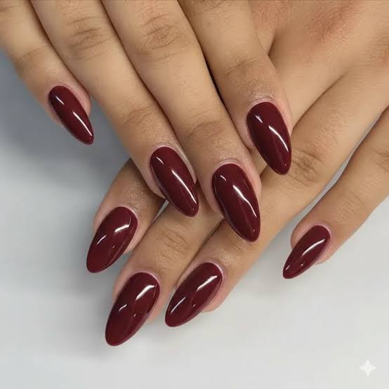 Long Almond Nails Uniform Deep Burgundy — Burgundy Nails