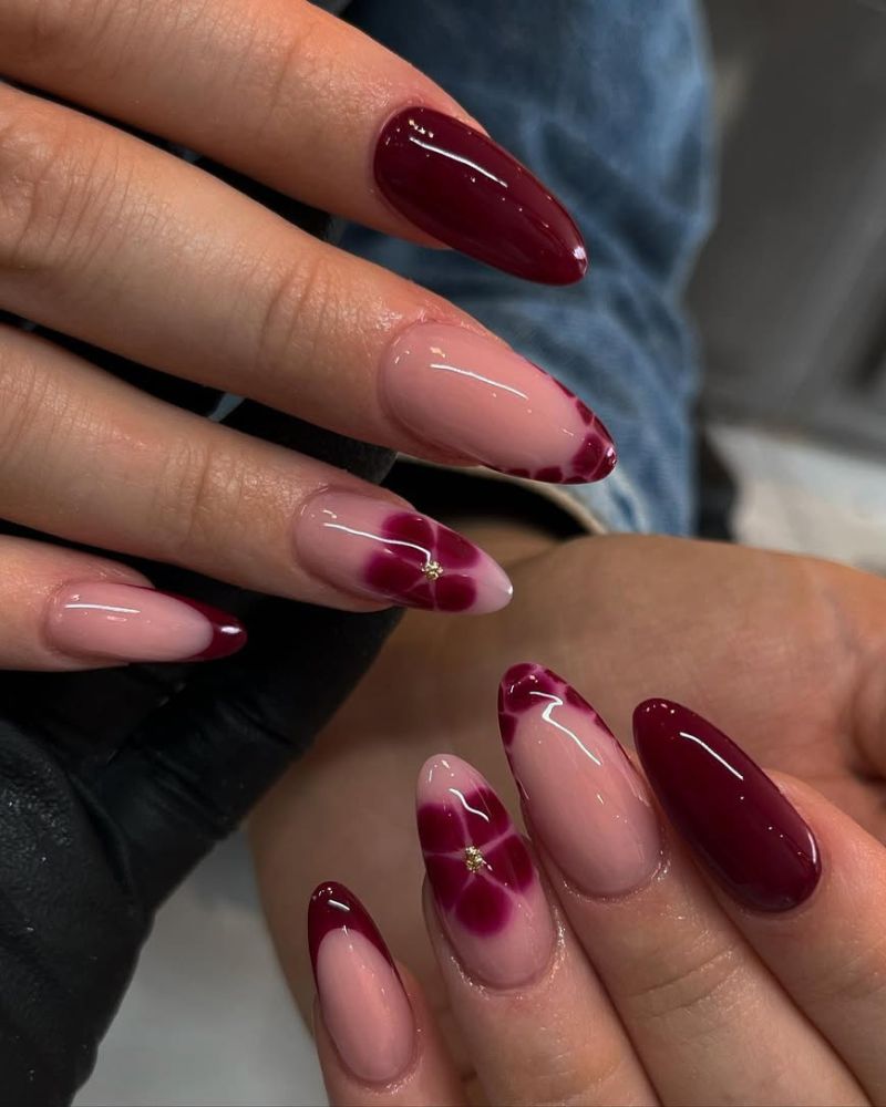 Burgundy Floral French Almond Nails — Burgundy Nails
