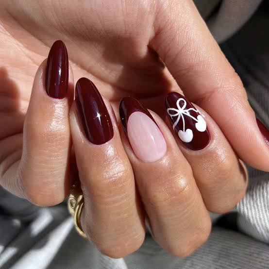 Burgundy White Cherry French Almond Nails, Glossy — Burgundy Nails