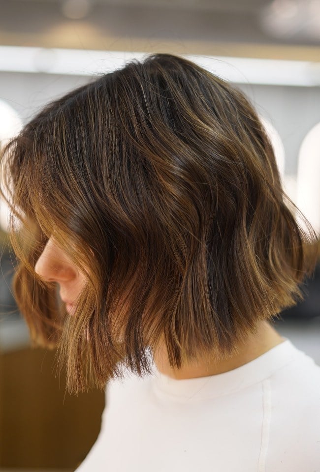 Chin Length Blunt Bob With Caramel Tone — Burnished Brunette