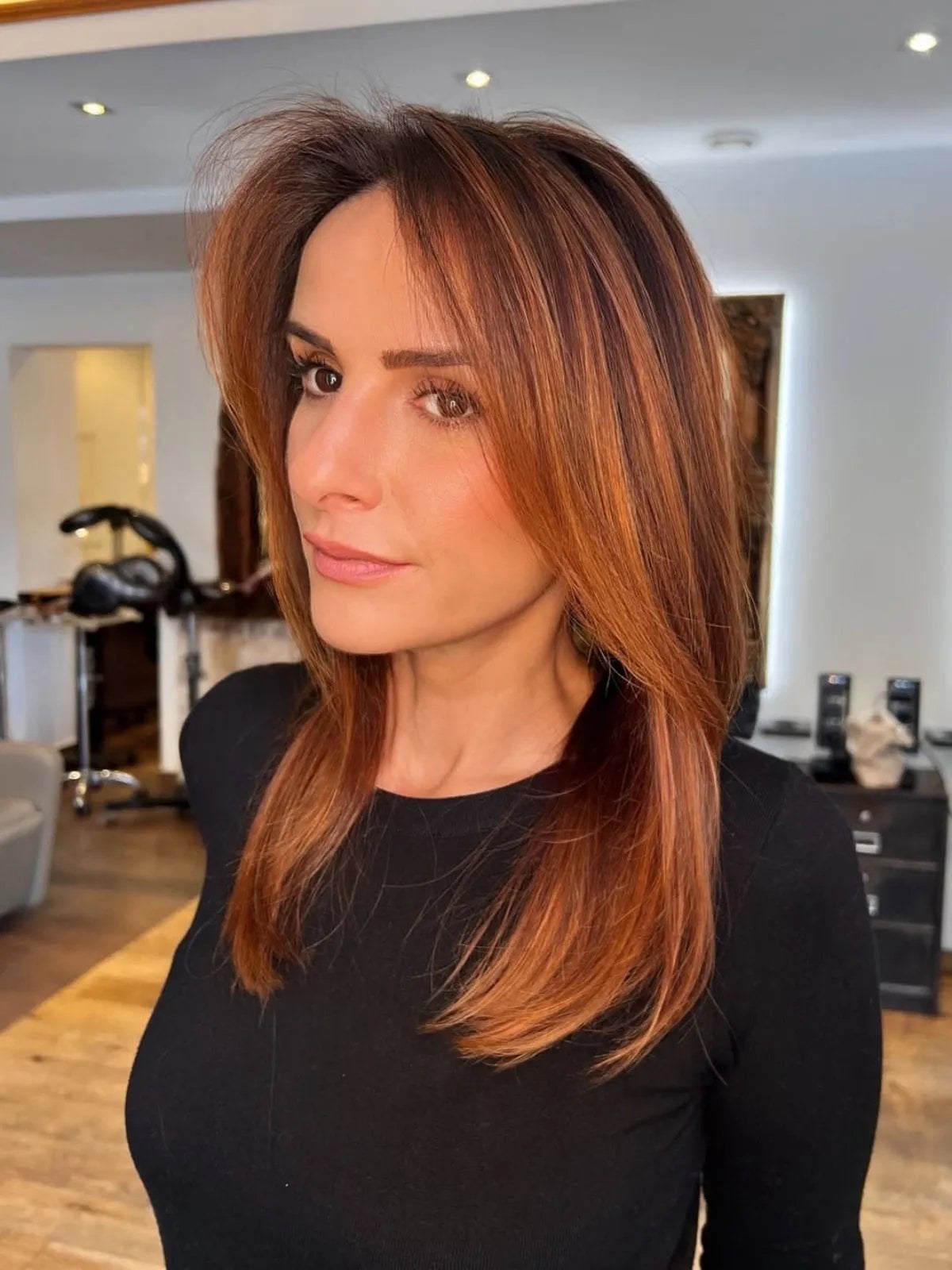 Collarbone Length With Copper Highlights — Burnished Brunette