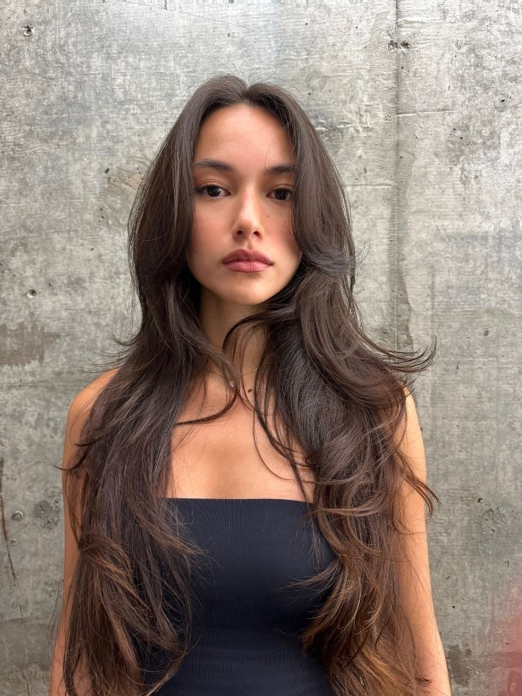 Mid-Back Butterfly With Outer Layers, Dark Brown With Subtle Balayage — Butterfly Haircut