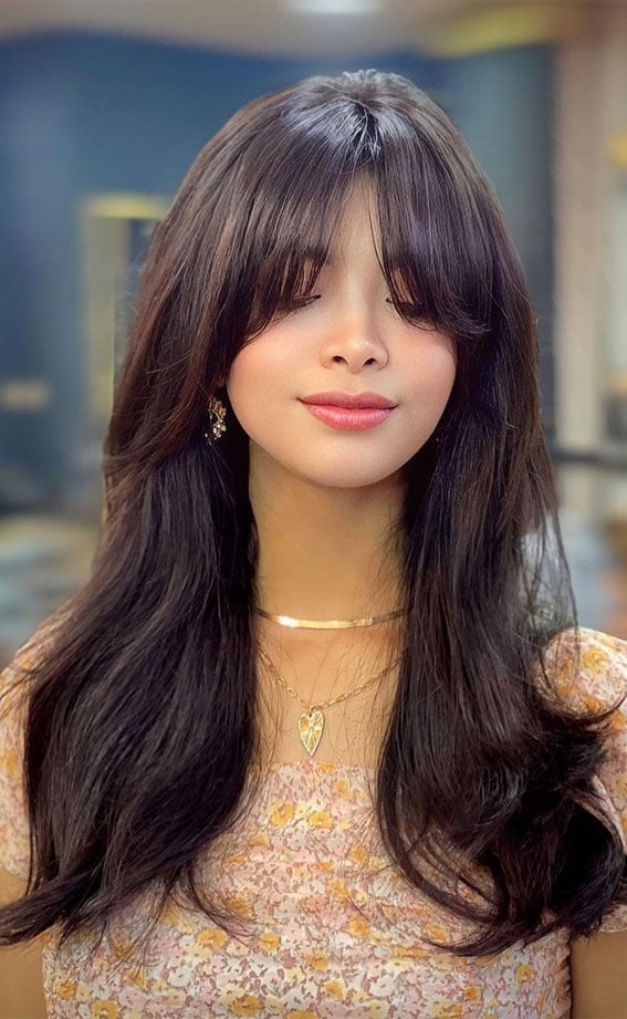 Mid-Back Butterfly With Full Bangs, Dark Brown — Butterfly Haircut