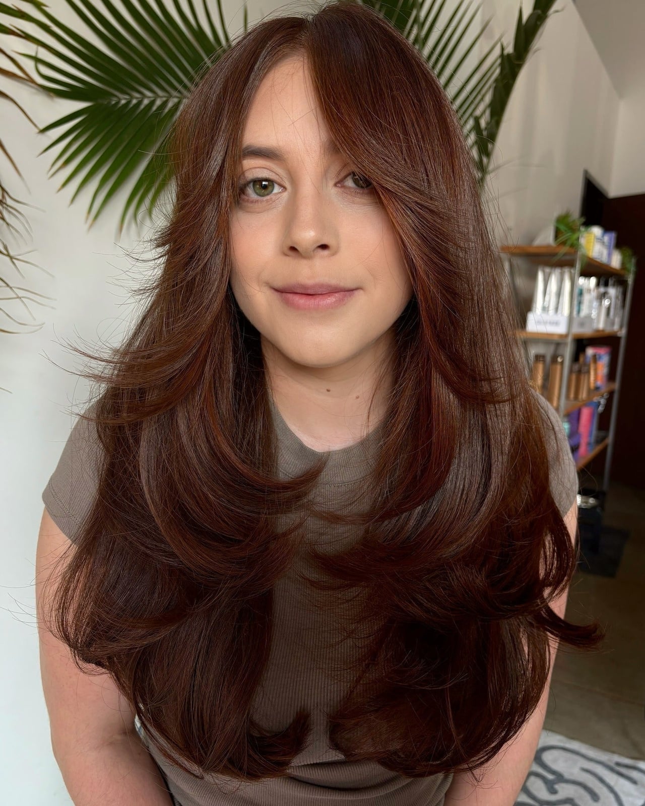 Mid-Back Dark Brown With Feathered Layers, Curtain Bangs — Butterfly Haircut