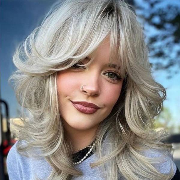 Shoulder Ash Blonde Butterfly With Full Bangs — Butterfly Haircut
