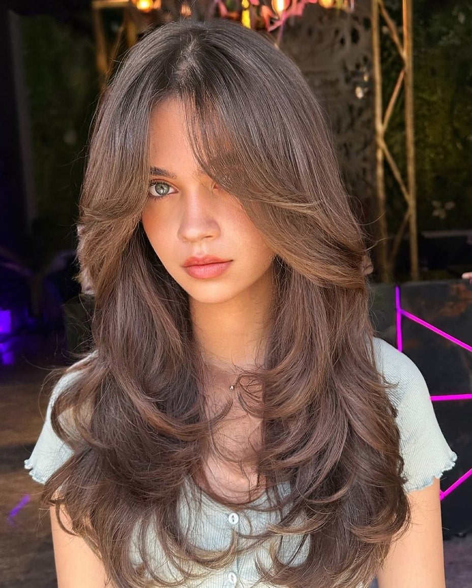 Voluminous Mid-Back Butterfly With Wispy Bangs — Butterfly Haircut