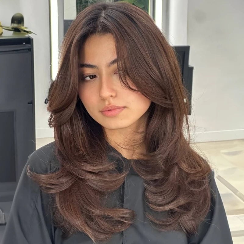 Shoulder Length Dark Brown Butterfly — Butterfly Haircut
