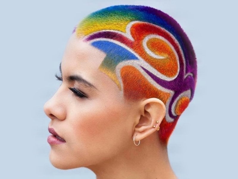 Rainbow Gradient Buzz Cut With White Design, Slicked Back — Buzz Cut for Women