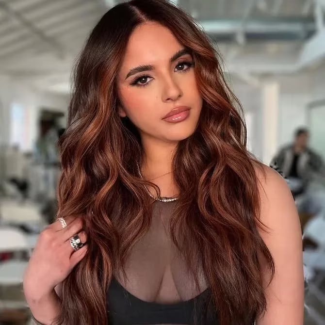 Mid-Back Layers With Warm Copper Balayage — Candlelit Brunette