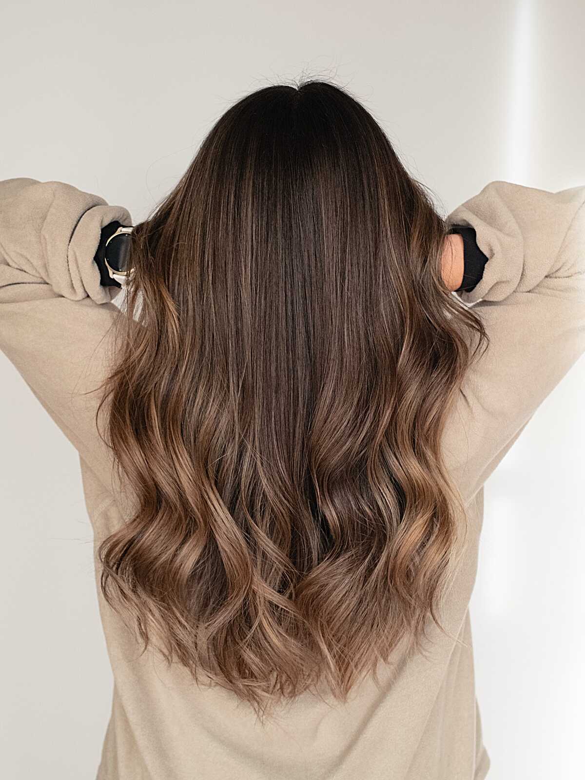 Mid-Back Dark Brown With Caramel Balayage — Candlelit Brunette