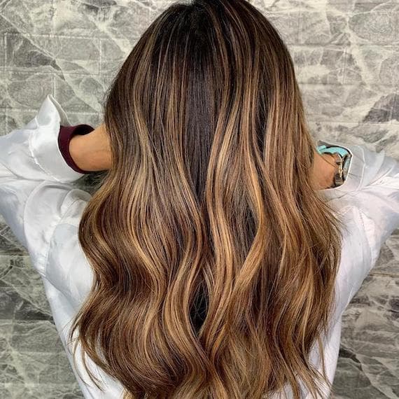 Mid-Back Brunette With Blonde Balayage, Wavy — Candlelit Brunette