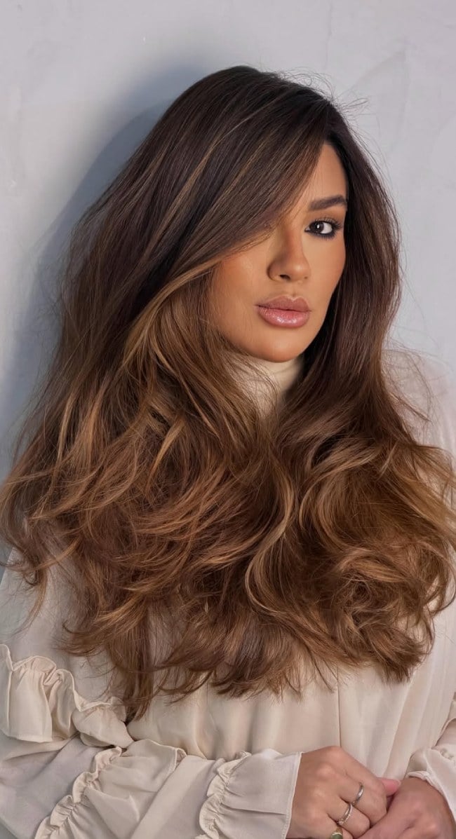 Long Dark Brown With Bold Face-Framing Caramel — Caramel Balayage